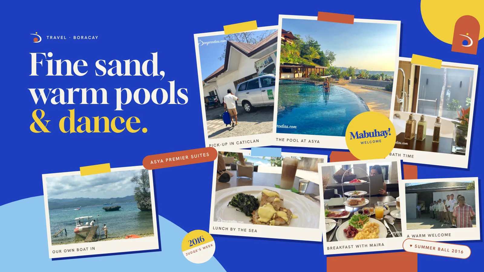 Fine sand, warm pools and dance: a collage of photos from my stay at Asya Premier Suites in Boracay, from the pick-up in Caticlan to the pool, lunch by the sea and breakfast with Maira