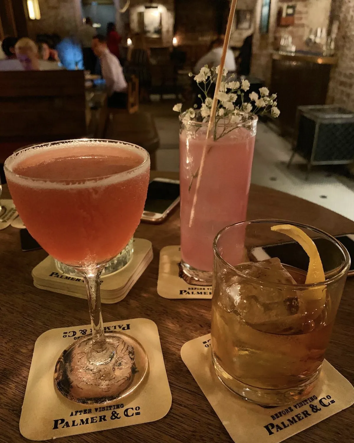 Three cocktails on Palmer & Co coasters
