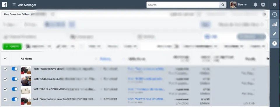 Facebook Ads Manager campaigns for Armadio