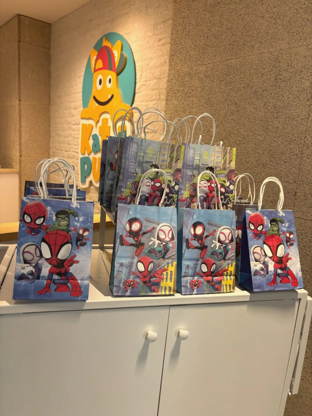 Spidey party favour bags lined up