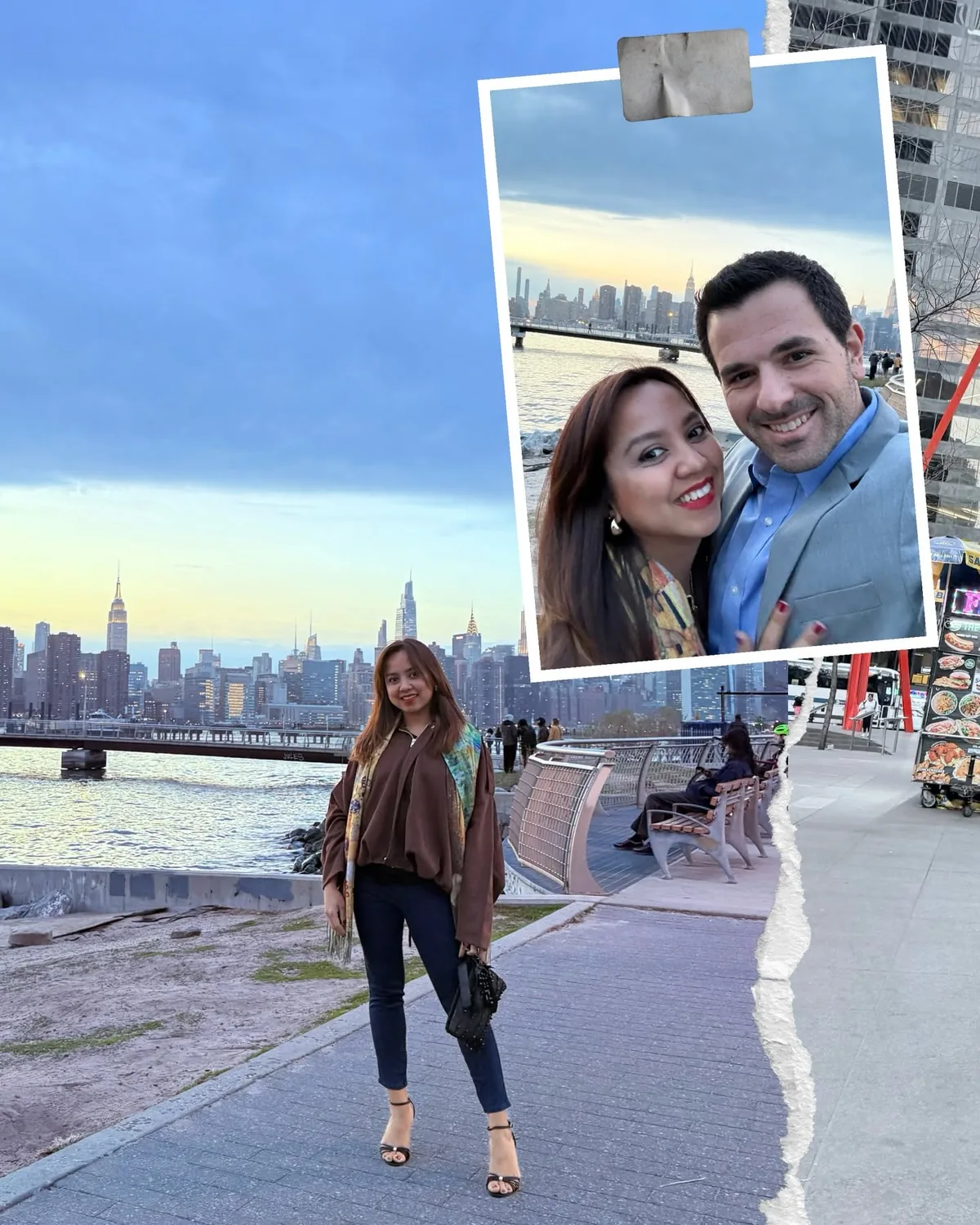 Dee on the Brooklyn waterfront with the Manhattan skyline at dusk
