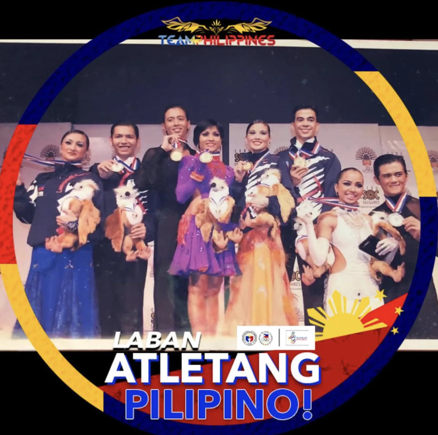 The Philippine dancesport medalists from the Latin and Standard categories holding their medals and eagle mascots