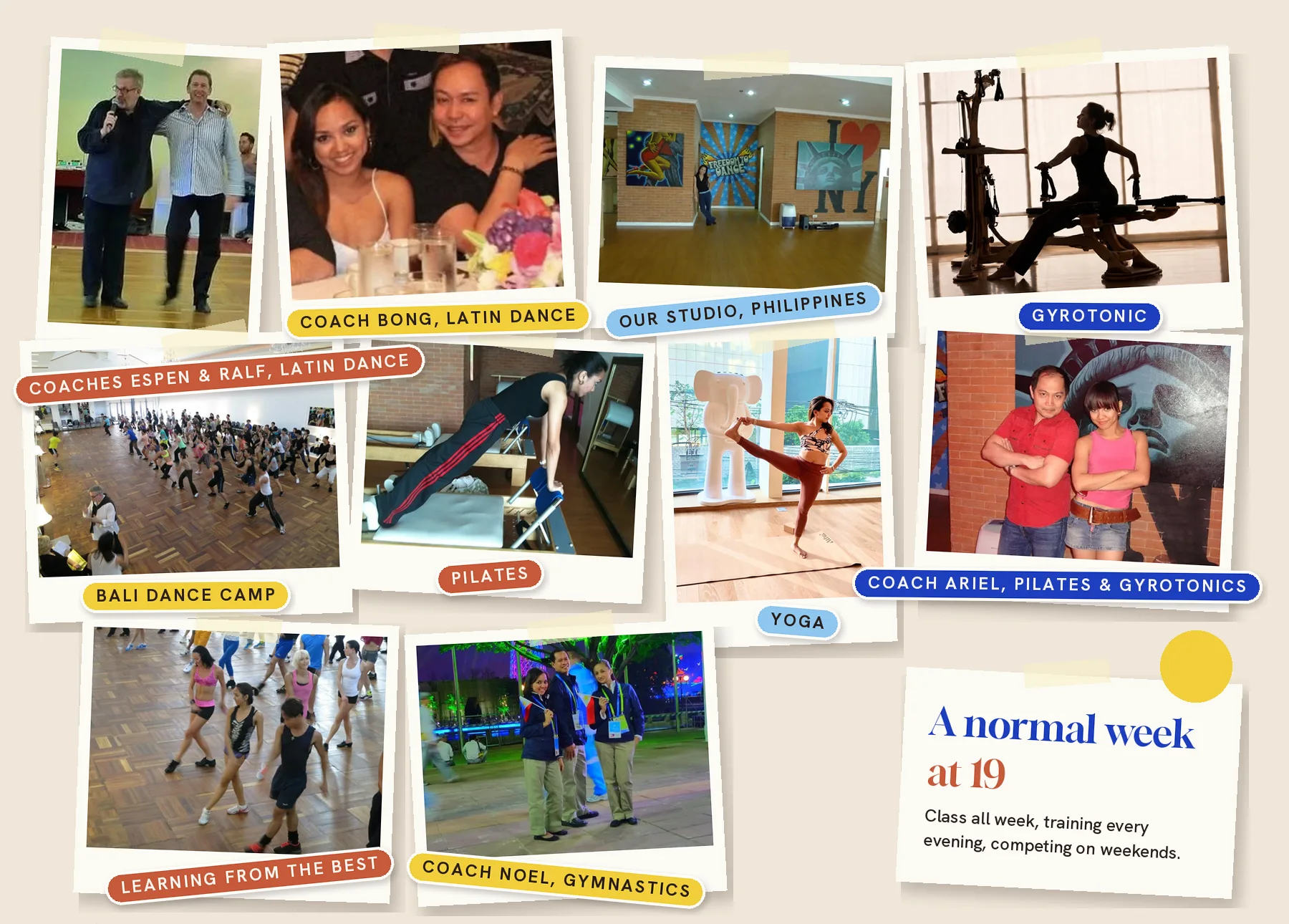 A scrapbook of training photos: Latin dance coaches Espen and Ralf, Latin dance coach Bong, our studio in the Philippines, Gyrotonic, the Bali dance camp, Pilates, yoga, Coach Ariel for Pilates and Gyrotonics, and Coach Noel for gymnastics
